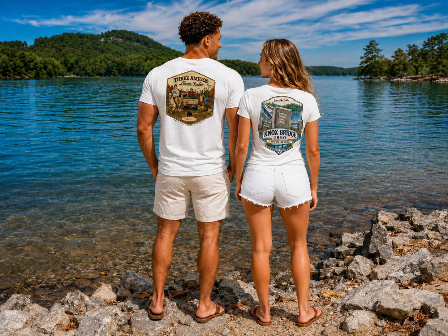 A man and a woman standing on a rocky lakeshore, viewed from behind, wearing matching white t-shirts with large back graphics. The man wears beige shorts and the woman wears white denim shorts.